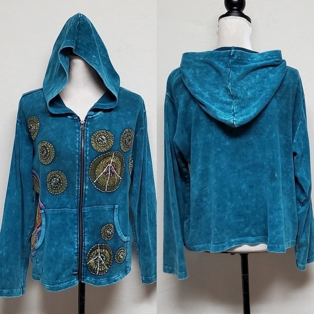 RISING International Stone Wash Teal Floral Peace Boho Full-zip Hooded Jacket L
